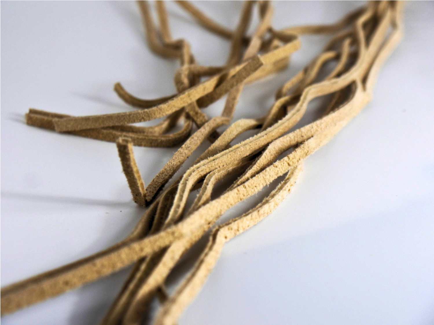 A pile of light brown suede or leather fringe trim strands on a plain white background.